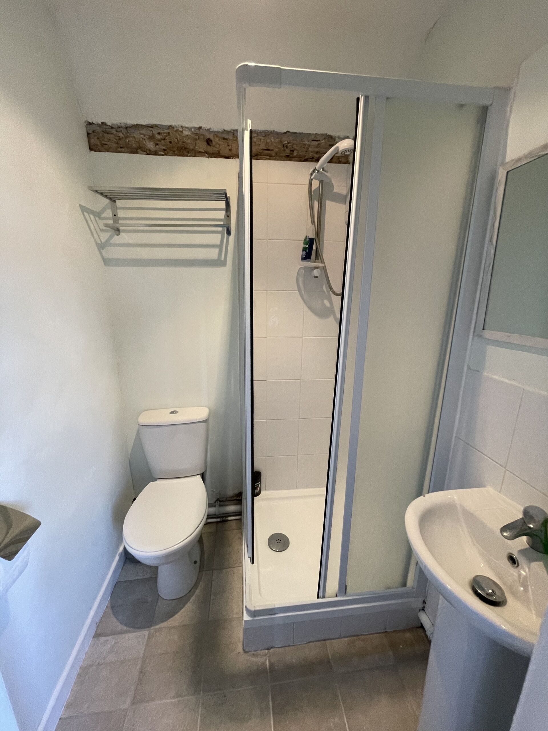 Un baño con ducha de vidrio, inodoro y lavamanos.
