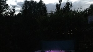 A hot tub with purple lights, surrounded by trees and a stone patio. - The Bridge Street Historic Guest House (Sudbury)