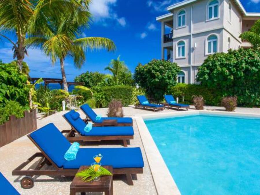Outdoor pool, pool umbrellas, pool loungers