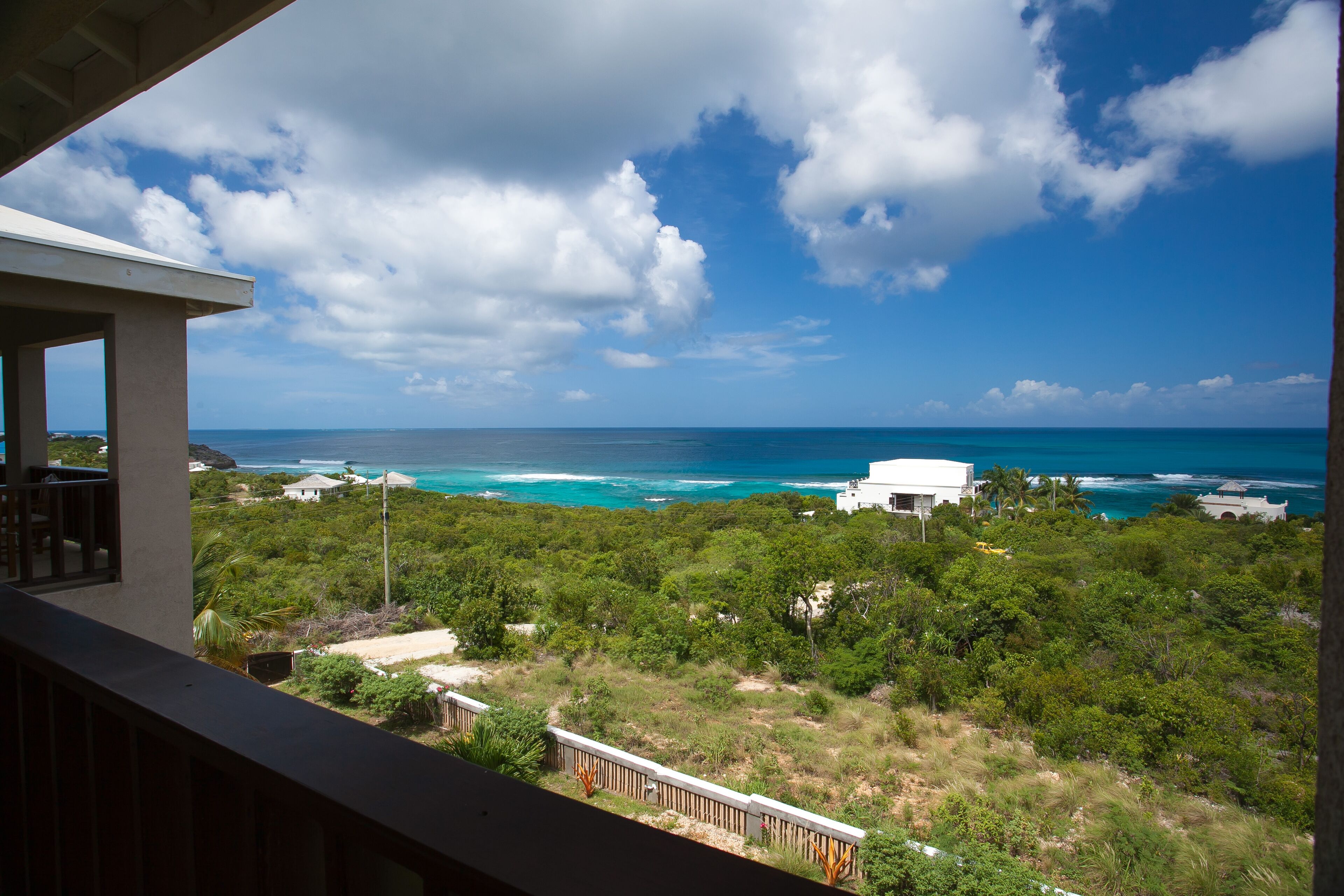 A view from a balcony overlooking a coastal area with dense greenery, a clear sky, and the ocean.