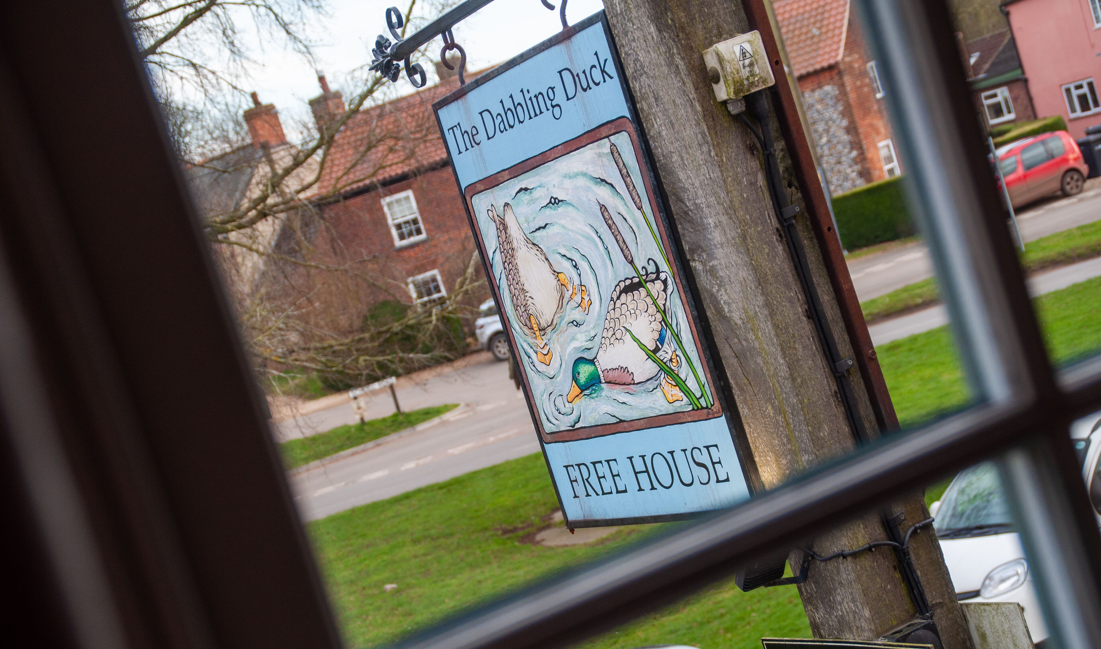 Segnaletica per 'The Dabbing Duck Free House' con un'illustrazione di un'anatra.