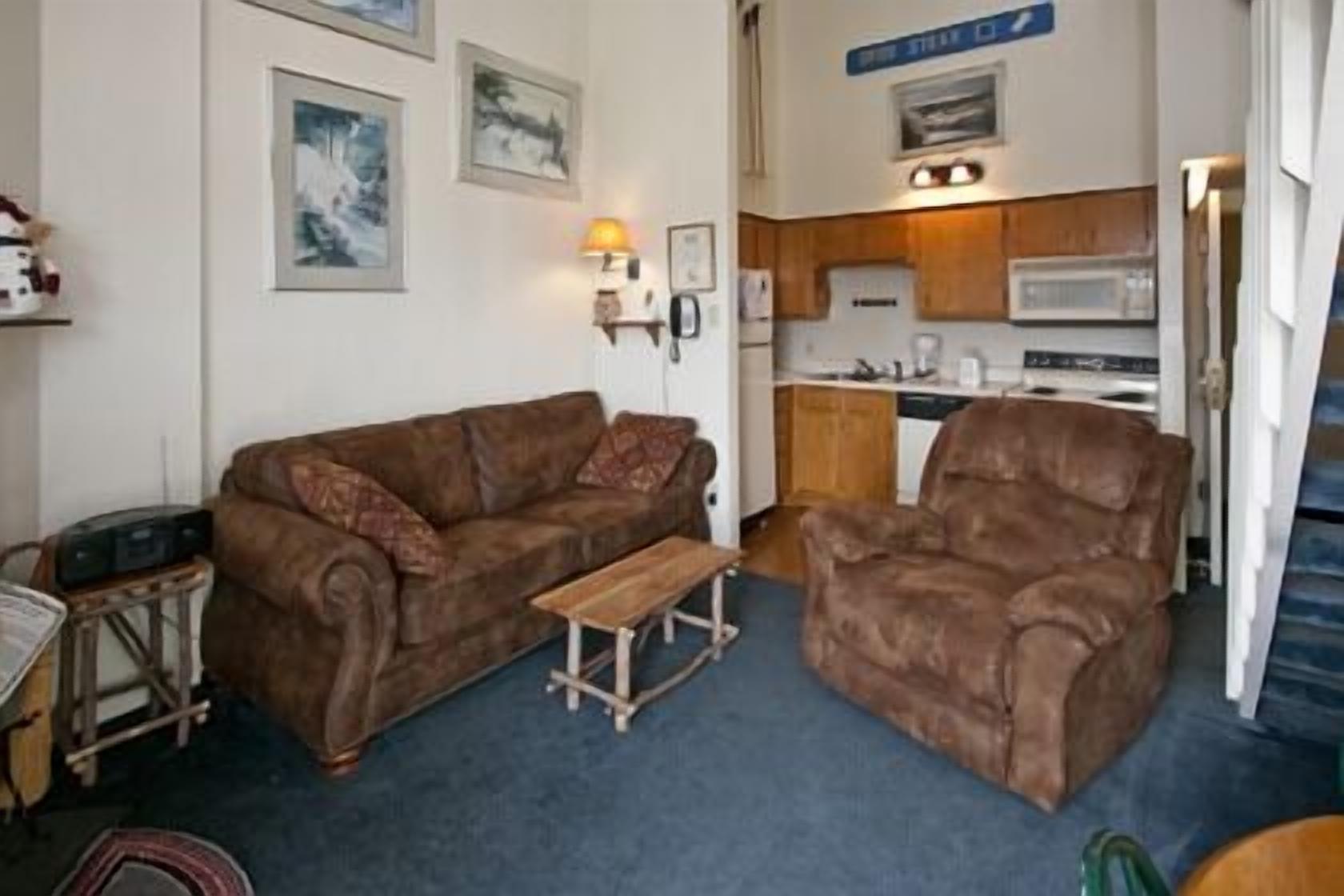A compact living space with a brown sofa, a wooden coffee table, and a brown armchair. A small kitchen area with a microwave and cabinets is visible in the background.