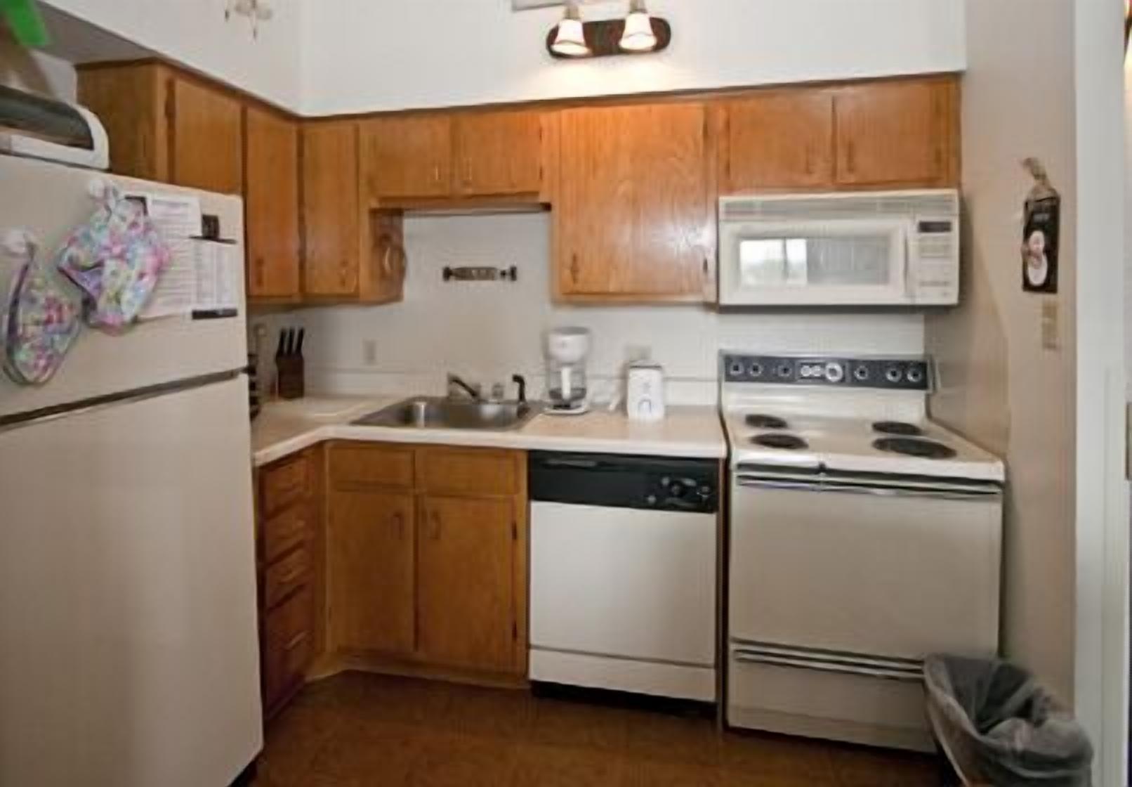 A compact kitchen with wooden cabinets, a white refrigerator, a microwave, a dishwasher, and a stove.