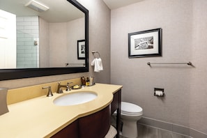 Bathroom features a vanity, mirror, and framed picture, along with a toilet and towel rack.