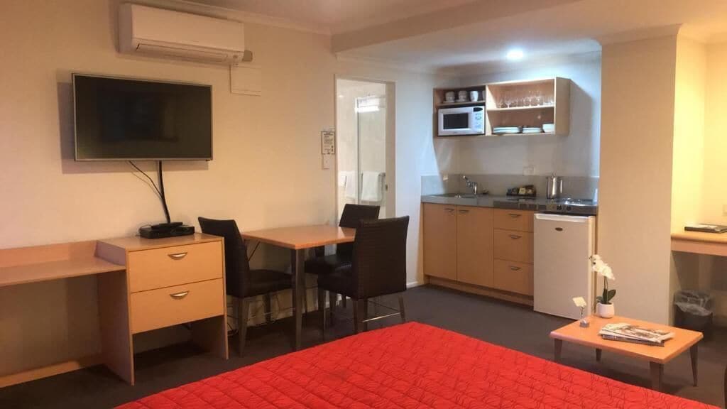 Habitación de hotel con cama, escritorio con silla, televisión, kitchenette y pequeña mesa con planta.