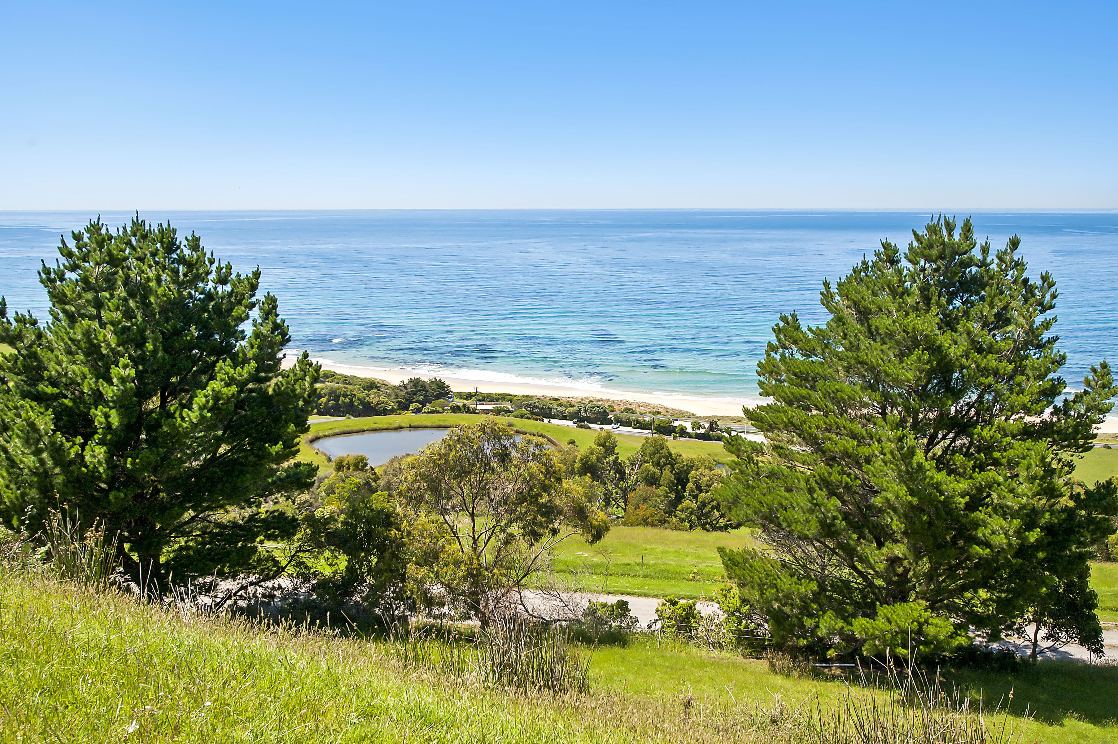 Paisaje costero con una playa, árboles y una vista despejada del océano.
