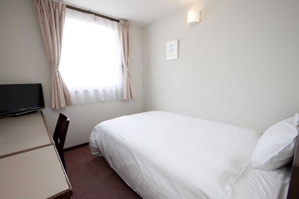 Een hotelkamer met een bed, televisie, stoel en raam met gordijnen.