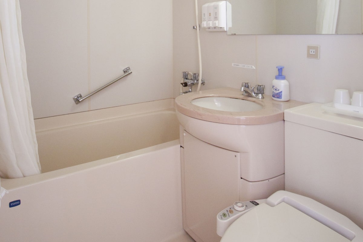 Ensemble baignoire-douche, articles de toilette (gratuits)