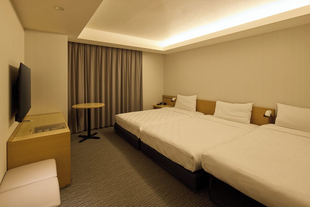 Een hotelkamer met een bed, een televisie, een bureau en een raam met gordijnen.
