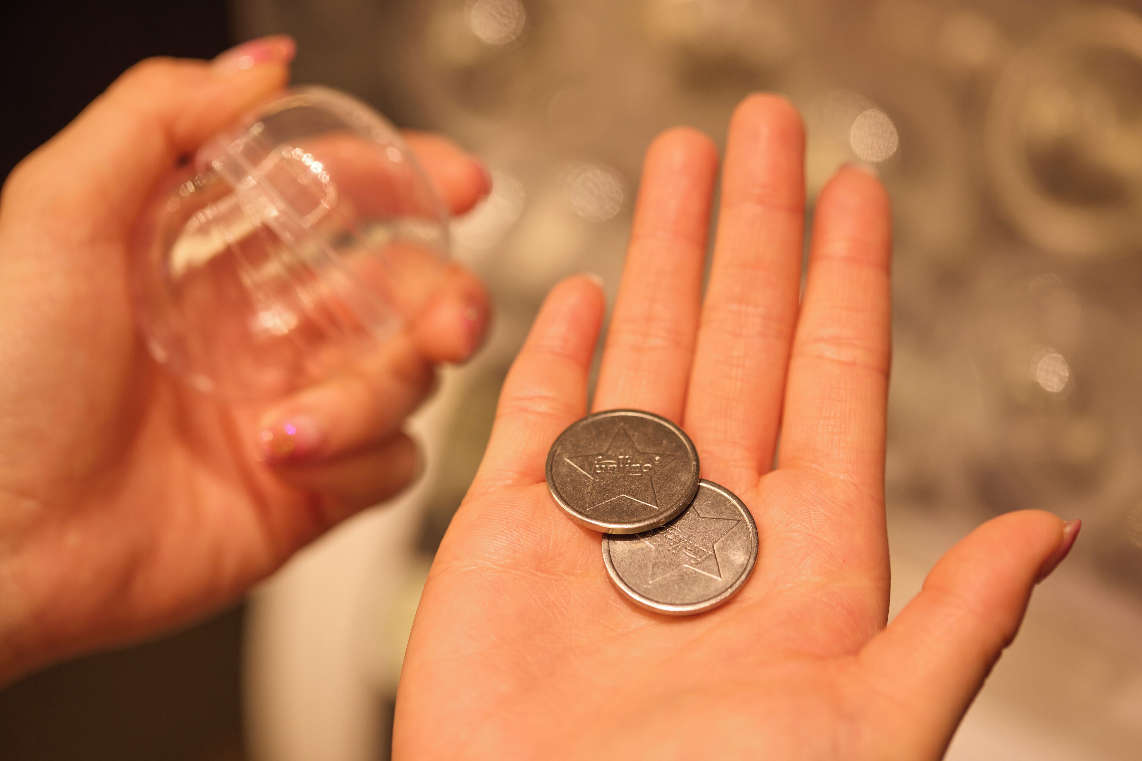 A hand holding two coins.