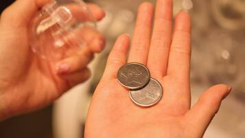 A hand holding two coins.