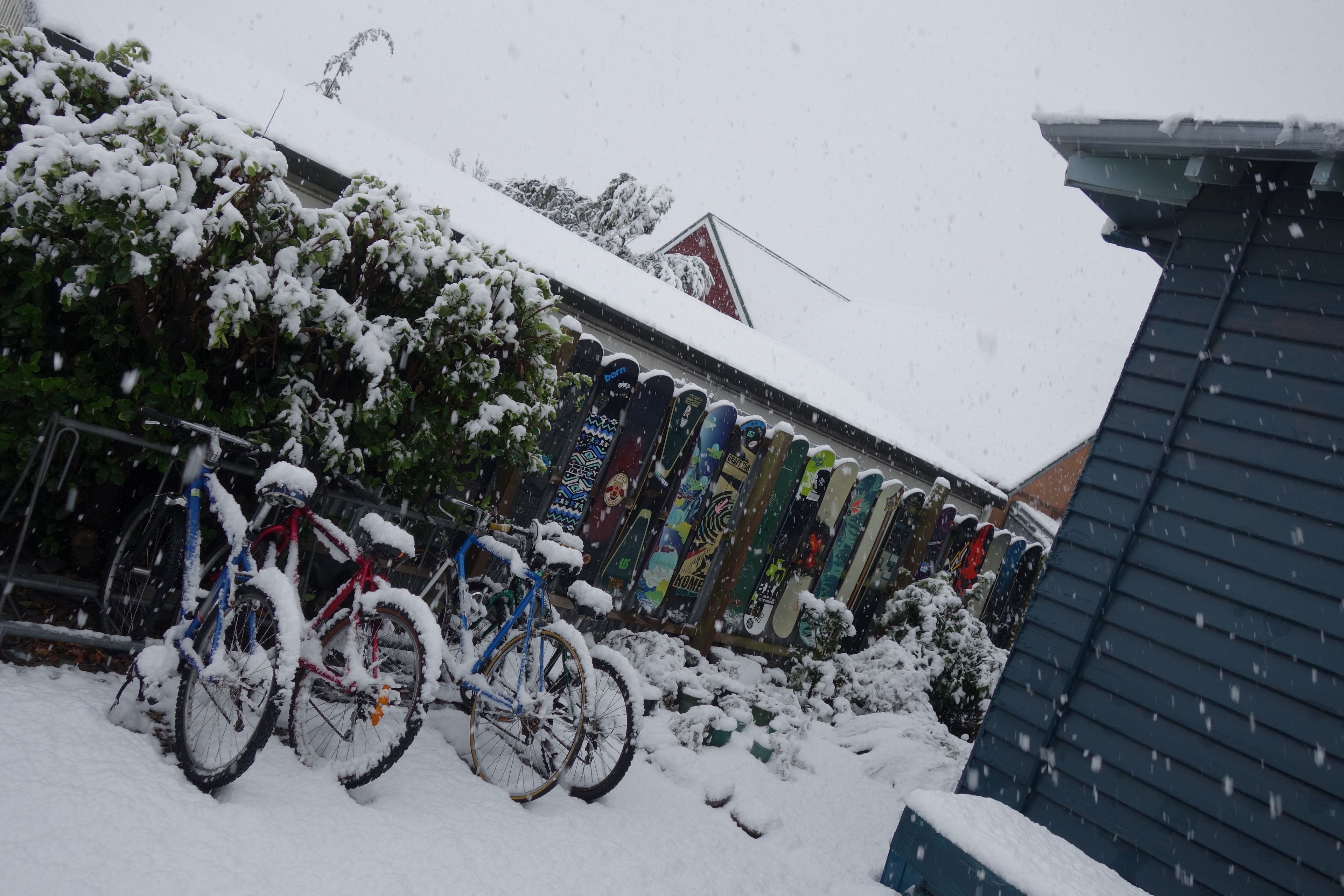 Un espace extérieur enneigé, avec des vélos et une clôture décorée de planches de snowboard aux couleurs vives.