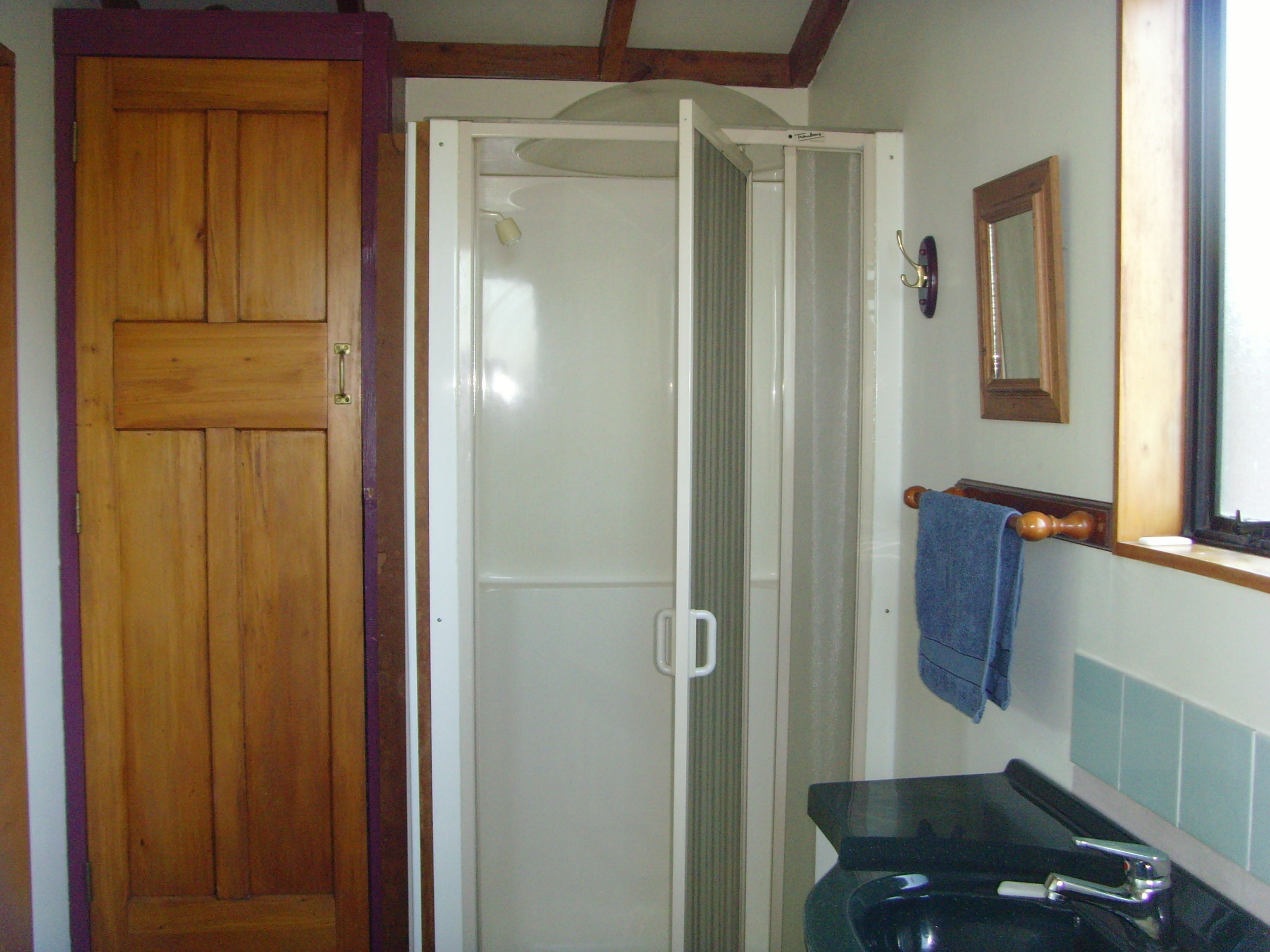 Un baño con puerta de madera, cabina de ducha, lavamanos y espejo.