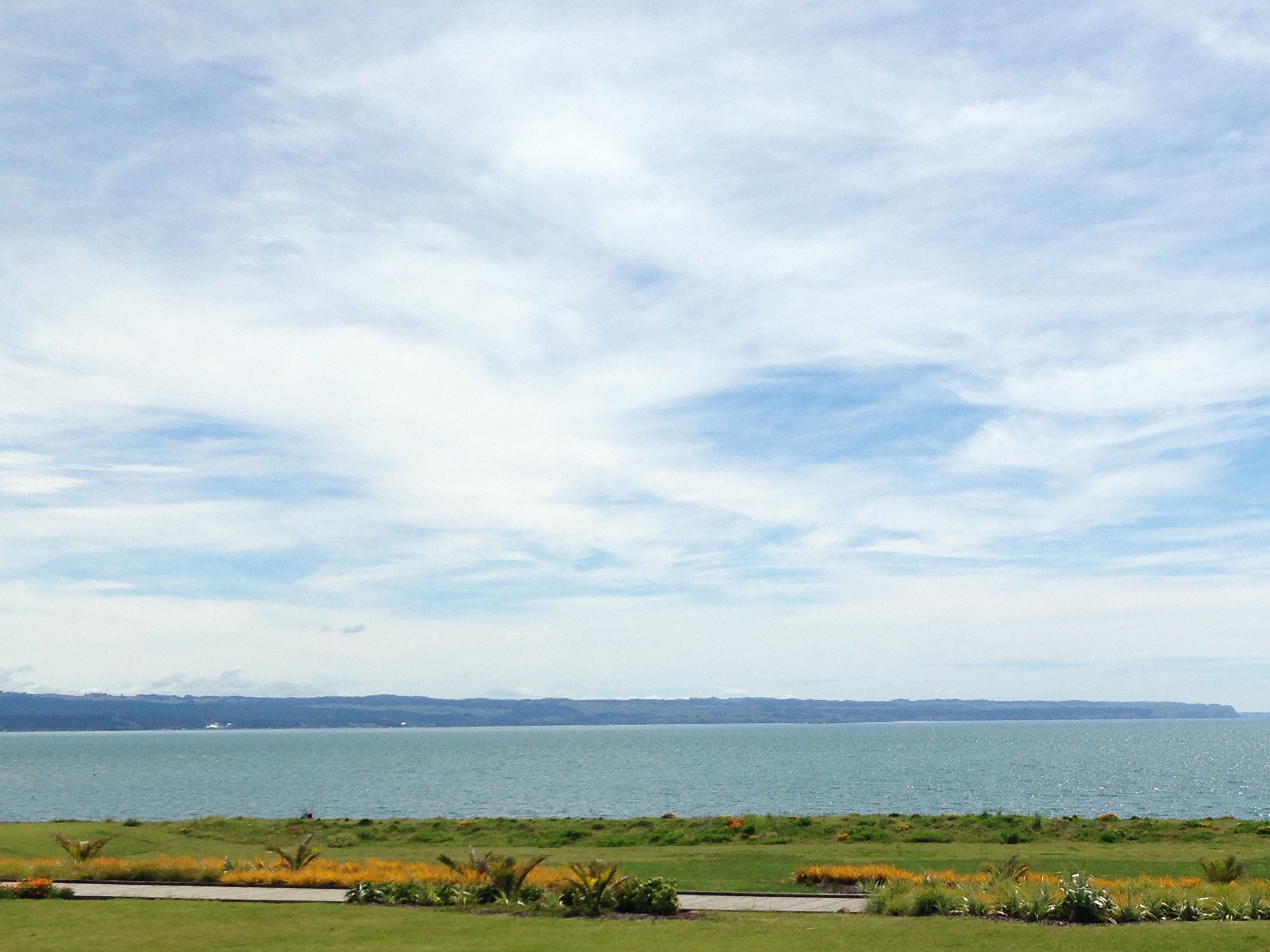 Un paysage côtier avec un premier plan herbeux, une étendue d’eau et une ligne de côte lointaine.