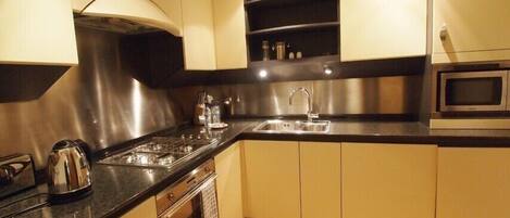 Full-size fridge, microwave, dishwasher, cookware/dishes/utensils