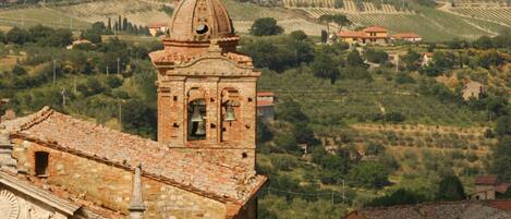 Un edificio histórico con una torre de campanas, tejados de terracota y vistas a viñedos al fondo.