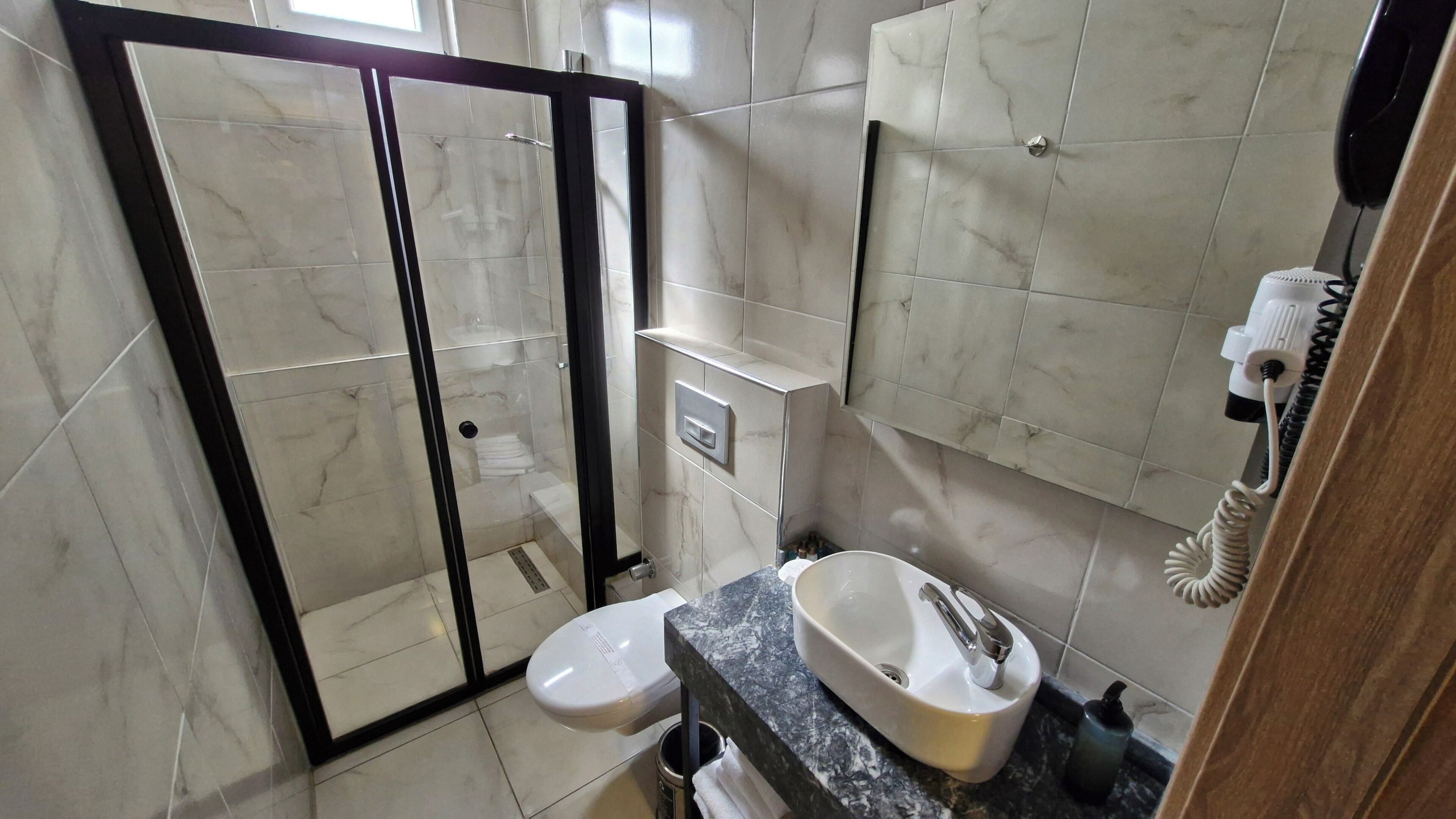 A bathroom with a glass-enclosed shower, a toilet, a sink with a faucet, and a hairdryer on a stand.