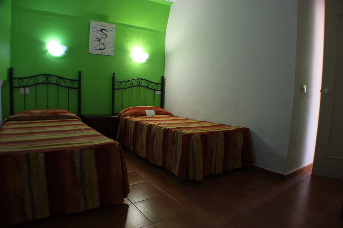 Une chambre avec deux lits simples, des murs verts et une porte blanche.