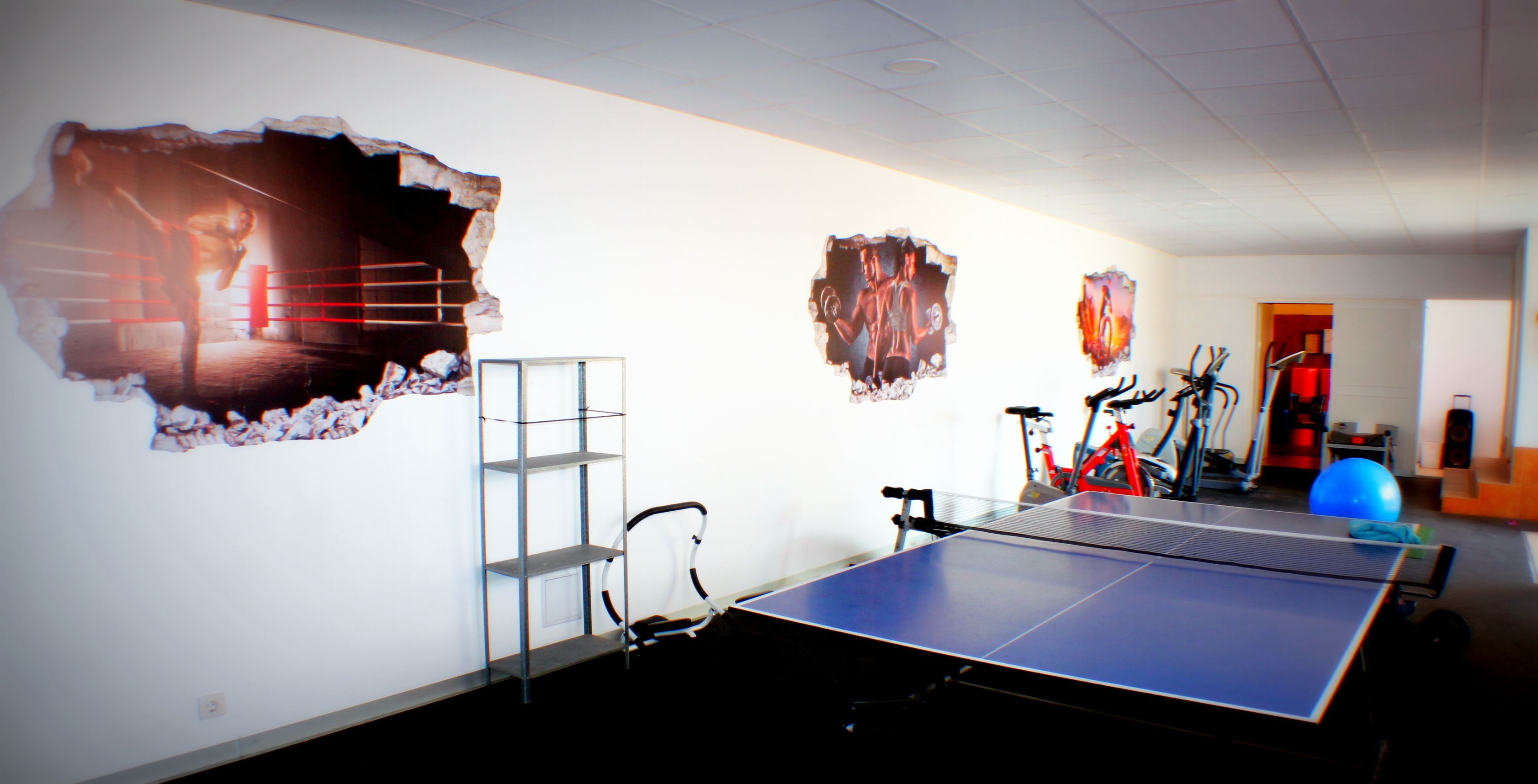 A room with a ping pong table, a bicycle, and a shelf.