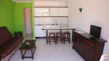A compact living space with a kitchenette, a dining area with stools, a sofa, and a television on a cabinet.