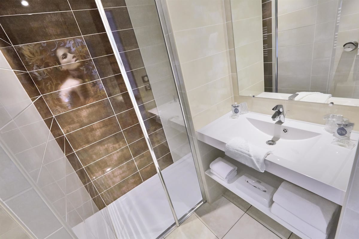 eco-friendly toiletries, hair dryer, towels