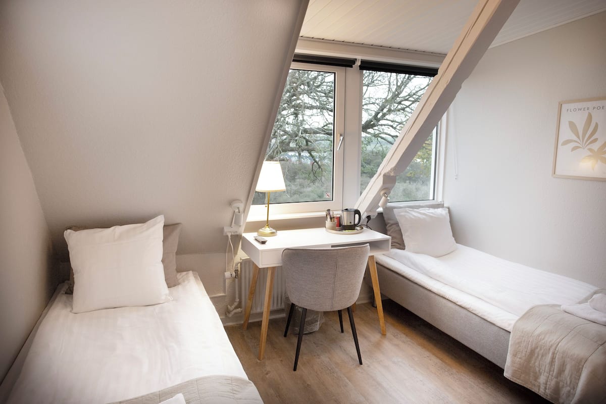 A small, well-lit room with a desk, two beds, and a window providing a view of trees.