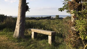 A stone bench in a grassy area with a view of the sea and distant buildings. - HotelVFjorden (Lemvig)