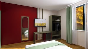 A bedroom with a bed, a TV, a mirror, a console table, a closet, and a window with curtains. - HC Hotel Cremona Pilgrim's (Cicognolo)