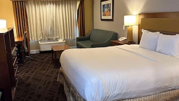 Desk, laptop workspace, blackout curtains, iron/ironing board