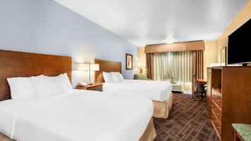 Desk, laptop workspace, blackout curtains, iron/ironing board