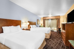 Desk, laptop workspace, blackout drapes, iron/ironing board