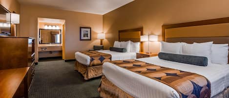 Desk, laptop workspace, blackout curtains, iron/ironing board