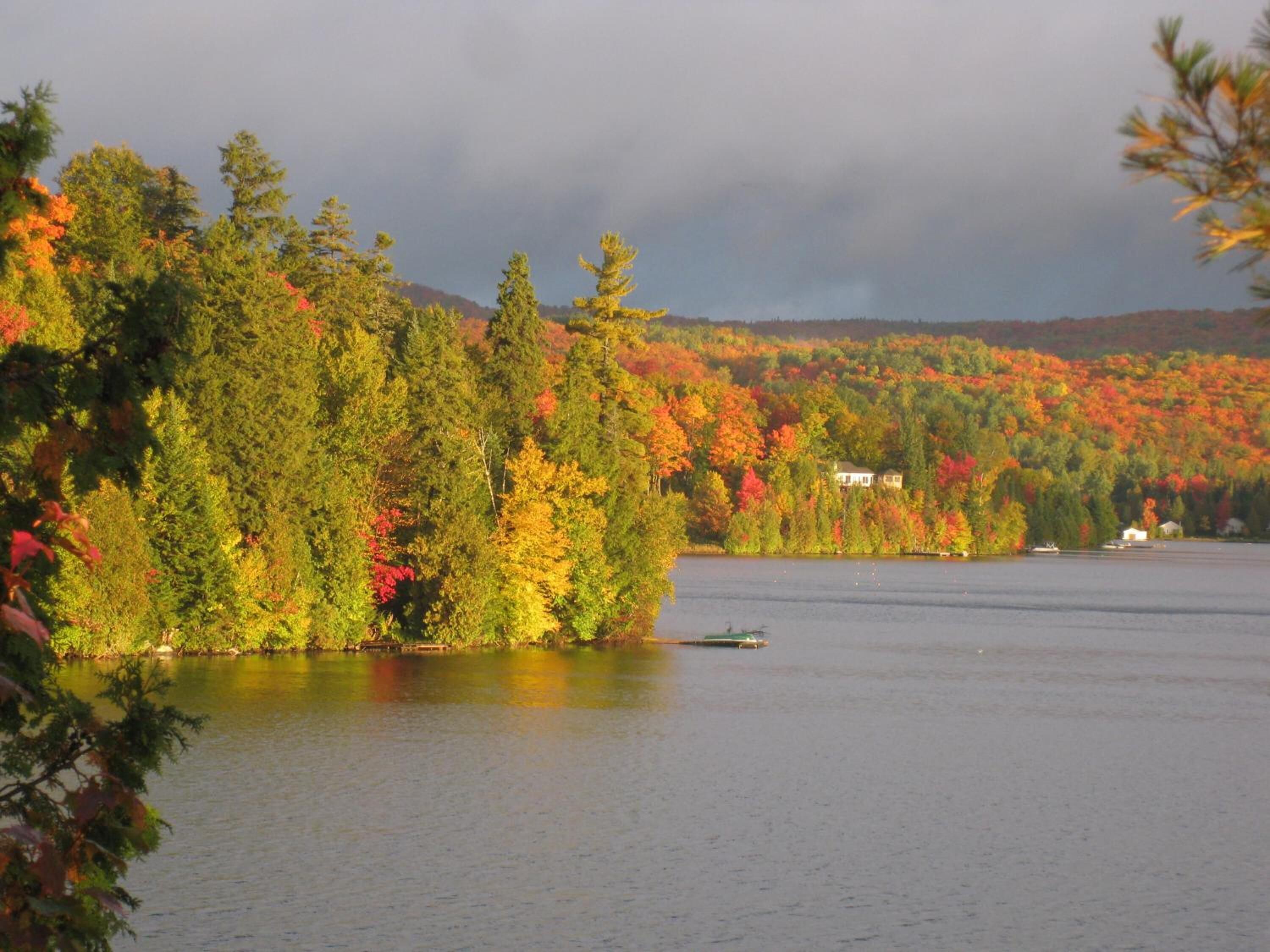 A lake surrounded by autumn-colored trees and a small house on the shore.