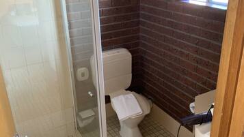 Een badkamer met een douchecabine, een toilet en een wastafel.