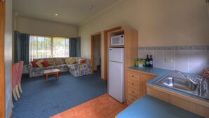 Um espaço de estar compacto com cozinha compacta, um sofá e uma área de refeições.