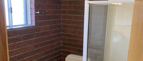 A bathroom with a toilet, a window, and a shower area.