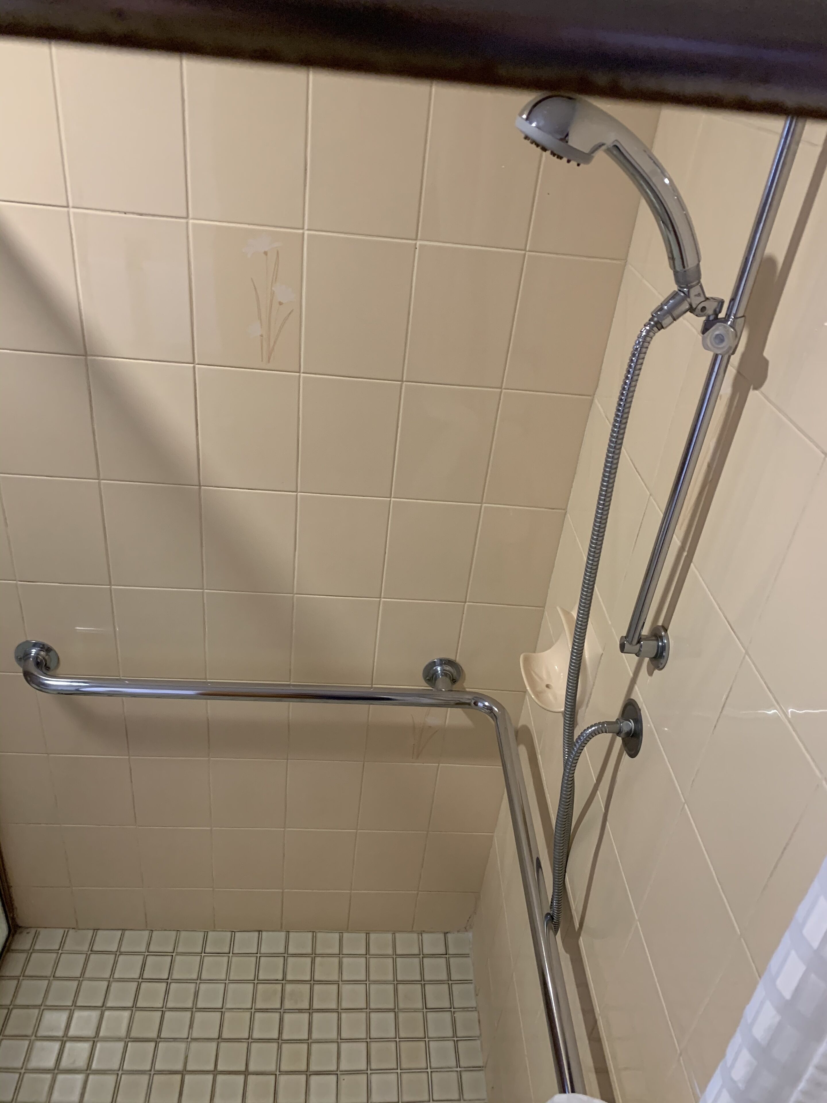 A shower area with a grab bar, a handheld showerhead, and a wall-mounted faucet.