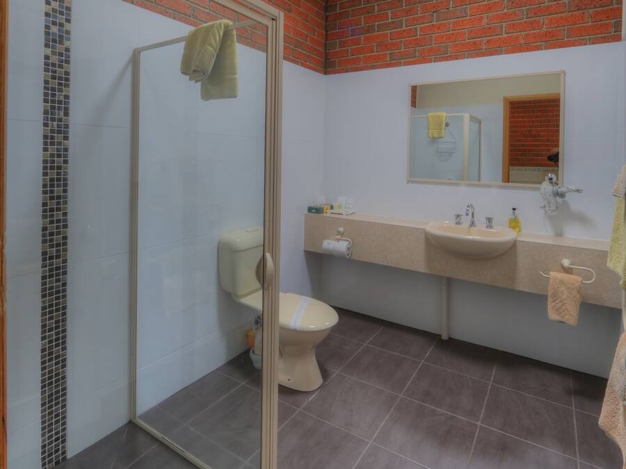 A bathroom with a glass shower enclosure, a toilet, a sink, and a mirror.