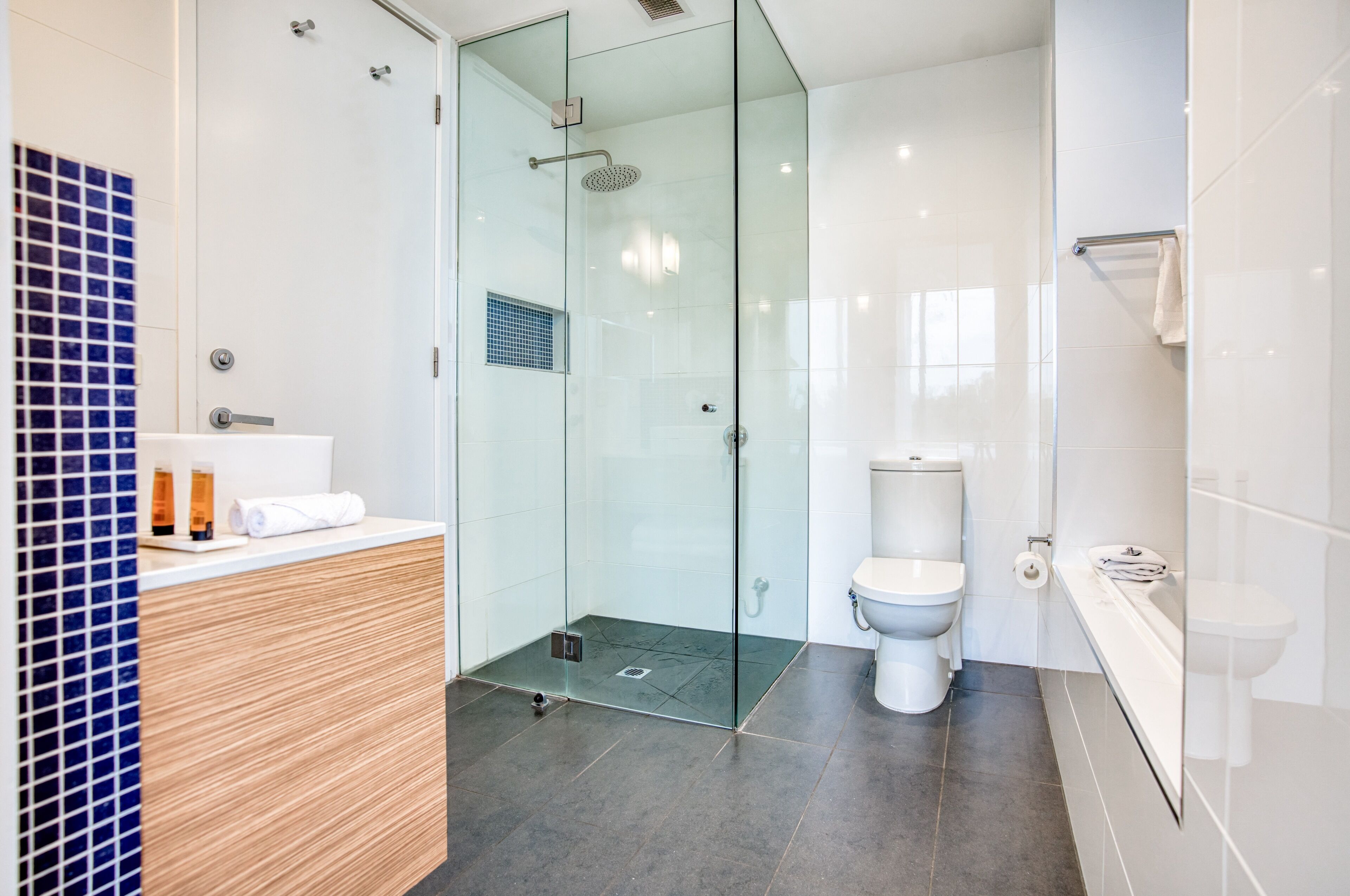 A modern bathroom with a glass-enclosed shower, a toilet, and a bathtub.