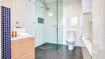 A modern bathroom with a glass-enclosed shower, a toilet, and a bathtub.