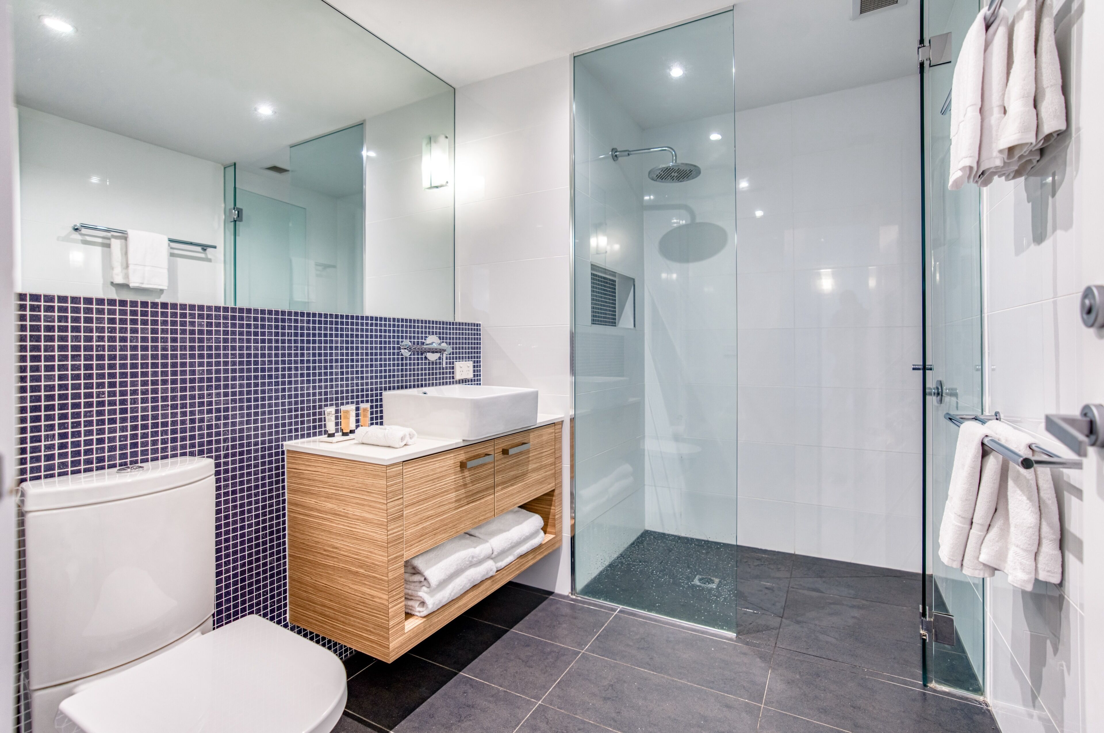 A modern bathroom with a glass shower enclosure, a wooden vanity, and a white toilet.
