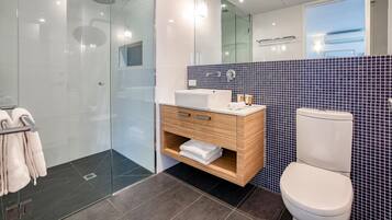 A modern bathroom with a glass shower enclosure, a white sink, and a toilet.