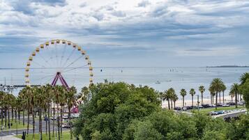 A coastal view with a large Ferris wheel, palm trees, and a marina.