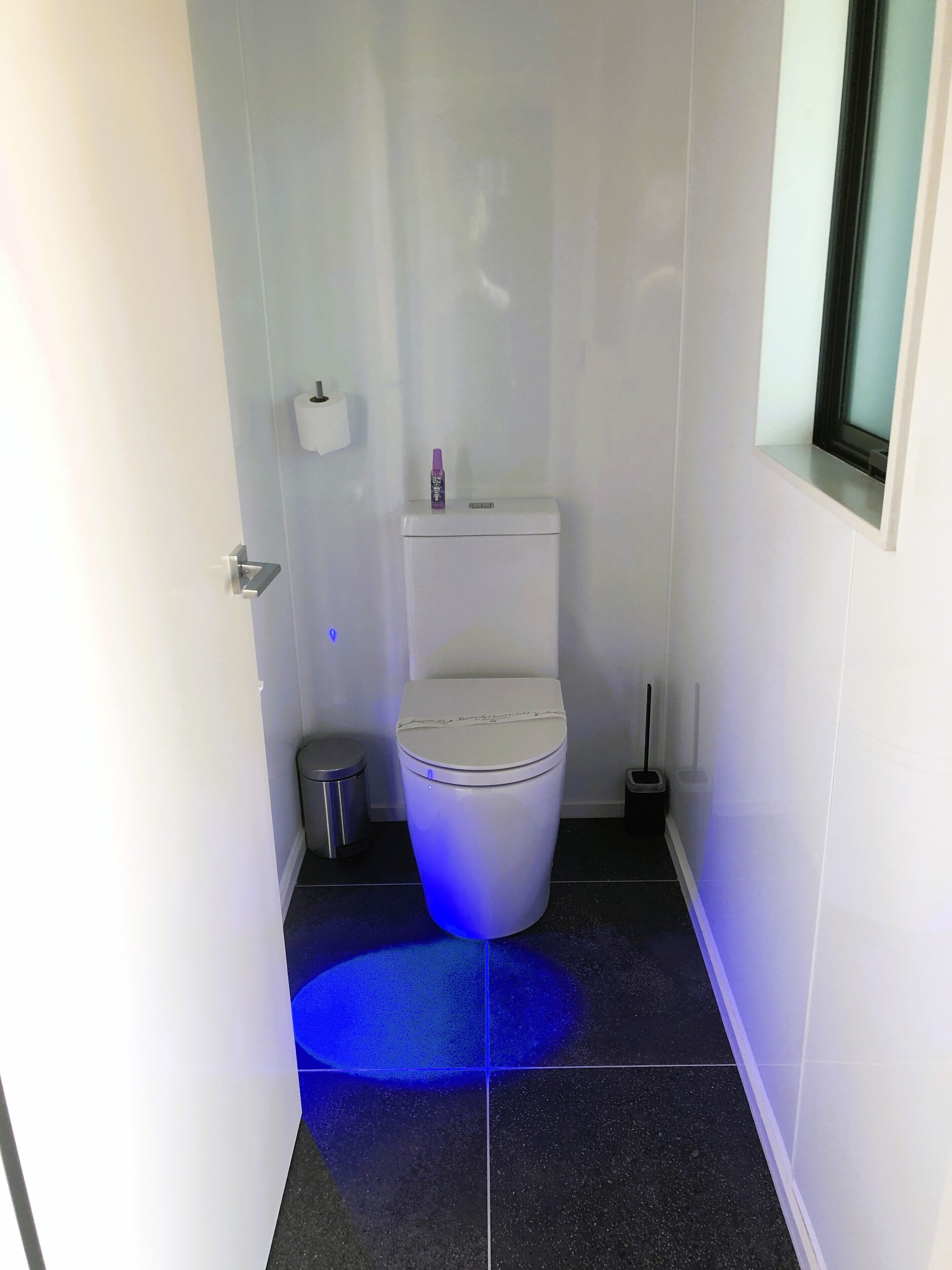 A modern bathroom with a white toilet, a trash bin, and a toilet paper holder.
