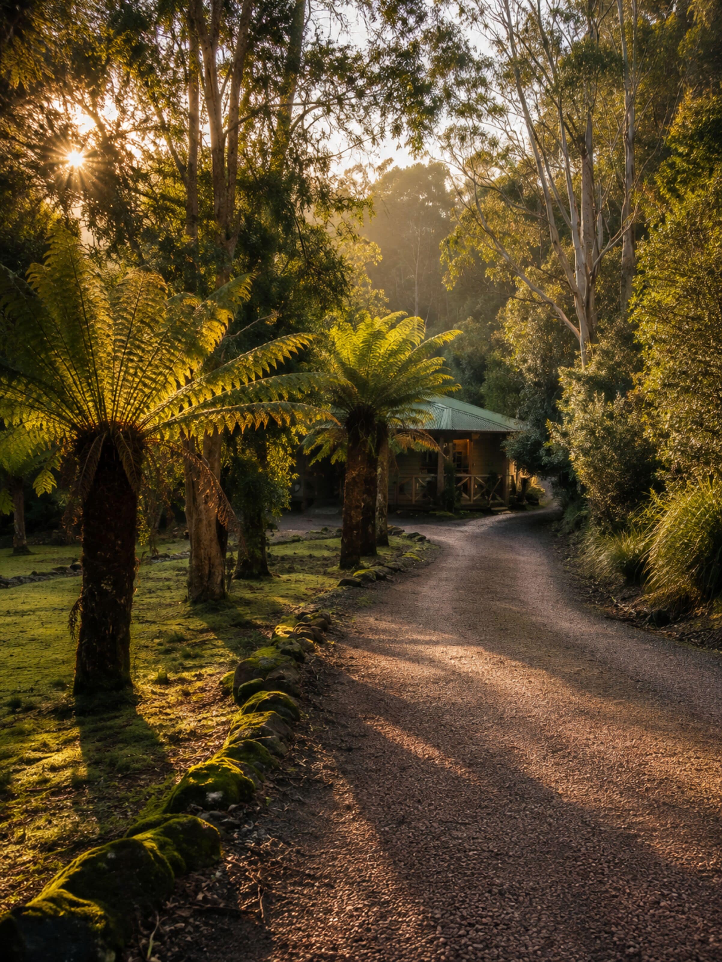 A gravel path leading through a forested area with a building in the distance.
