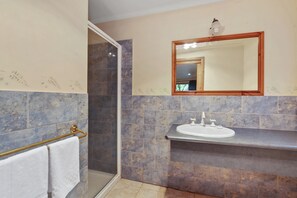 Un baño con ducha, lavabo y espejo.