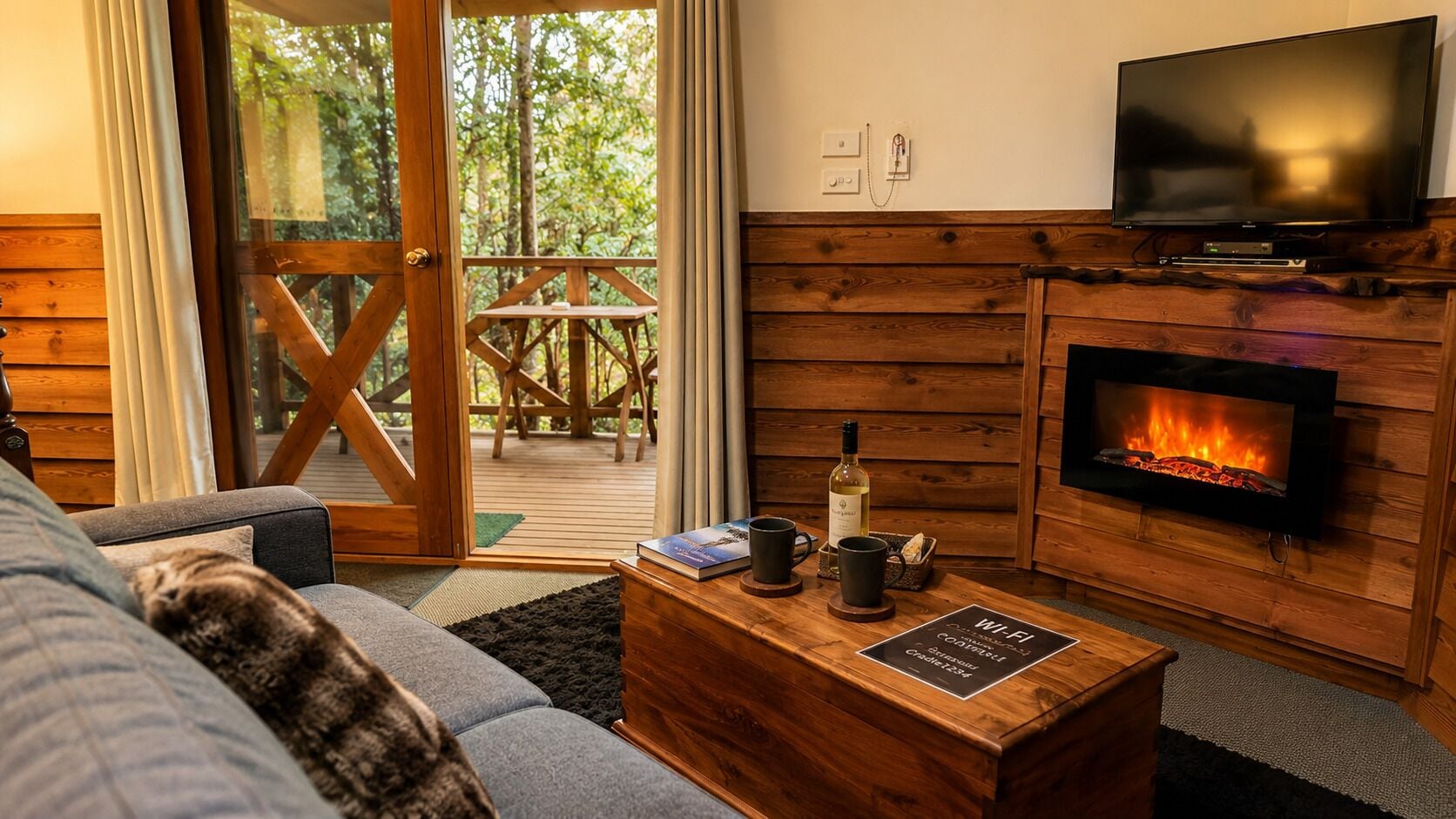 A cozy living room with a sofa, a coffee table with a sign, a fireplace, and a television.