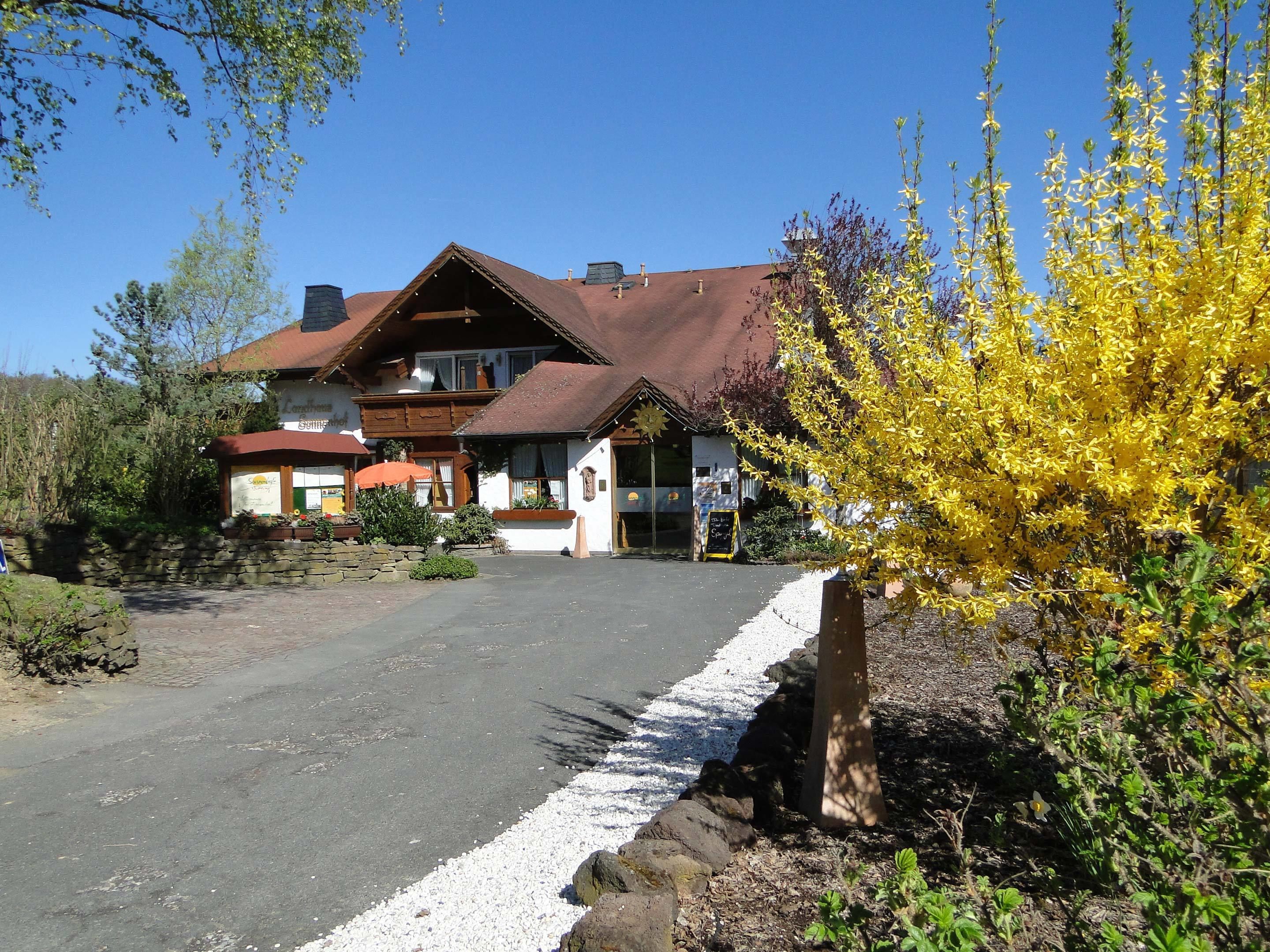 Een klassiek chalet met een schuin dak, een pad van stenen naar de ingang en een tuin met bloeiende gele planten.