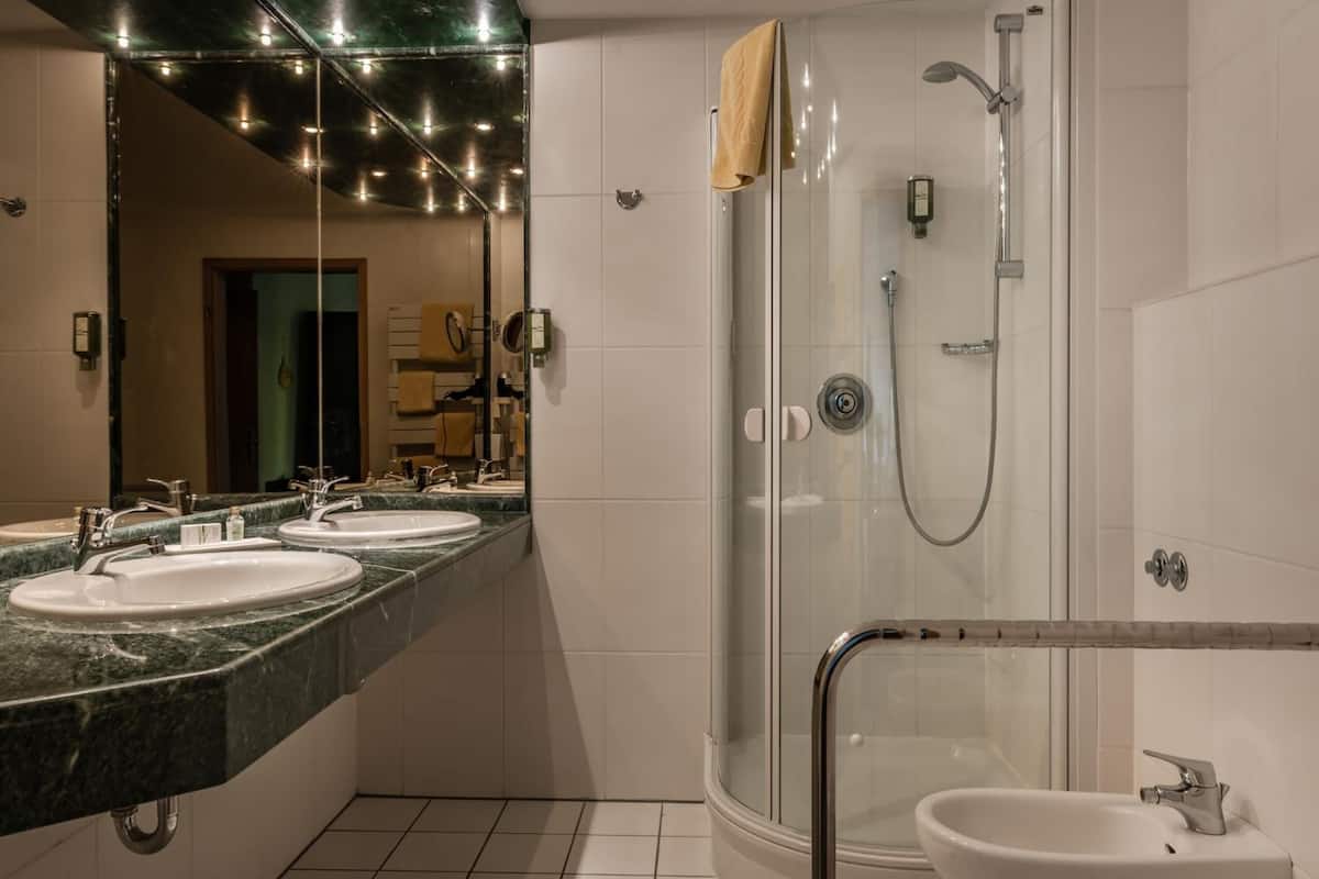 shower, hair dryer, bathrobes, towels