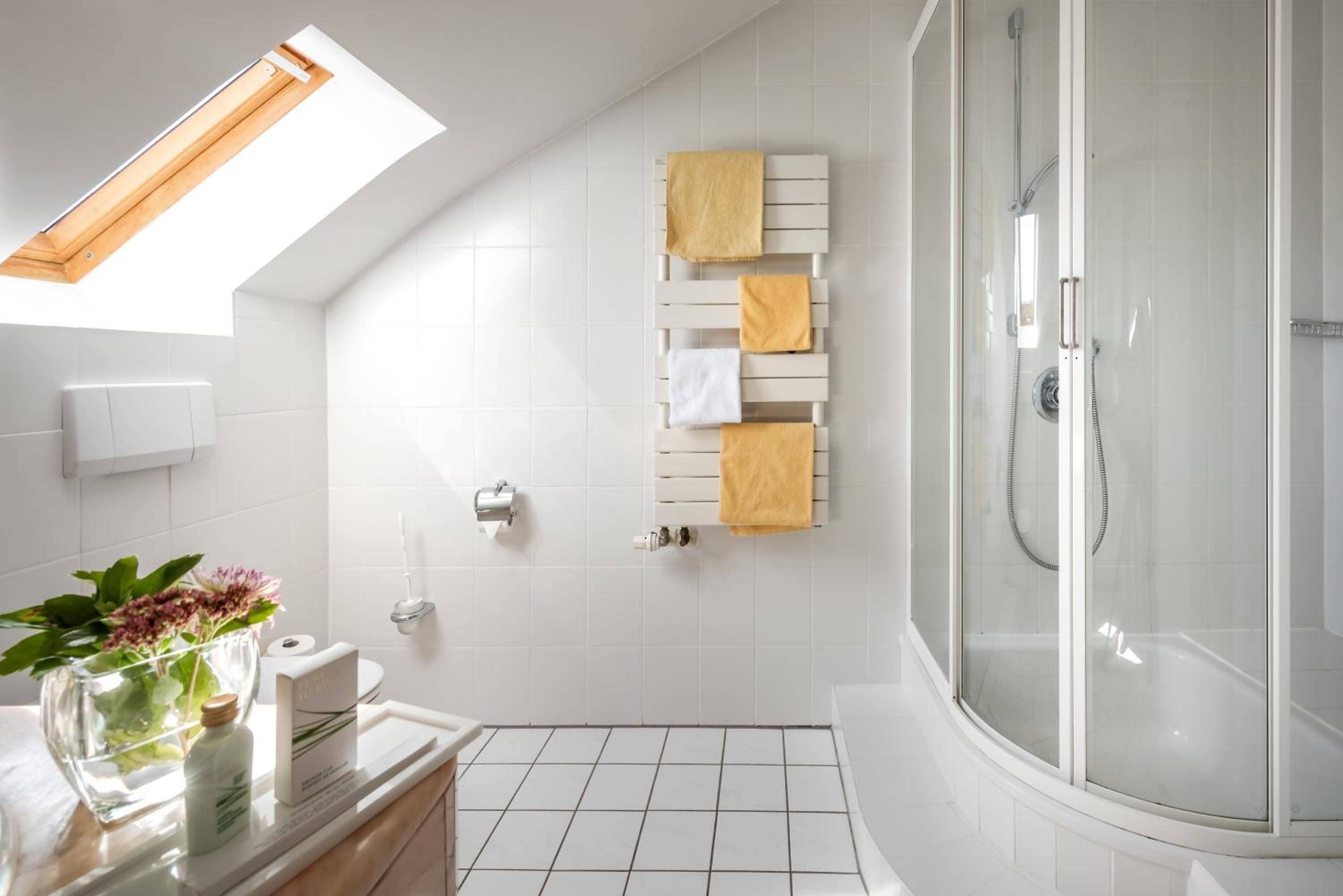 shower, hair dryer, bathrobes, towels